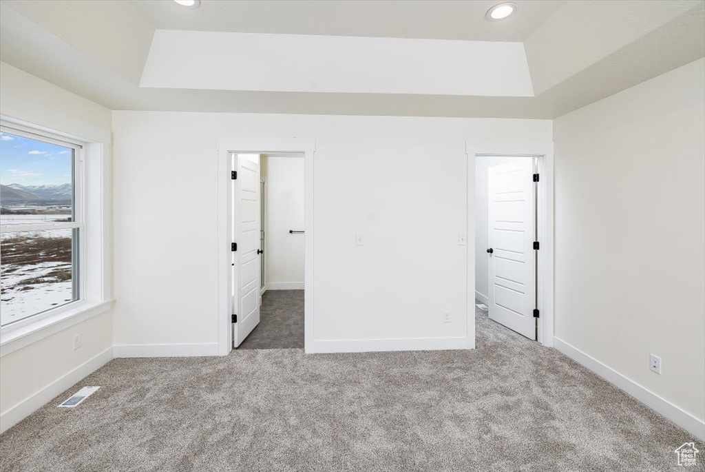Unfurnished bedroom with light colored carpet and a tray ceiling