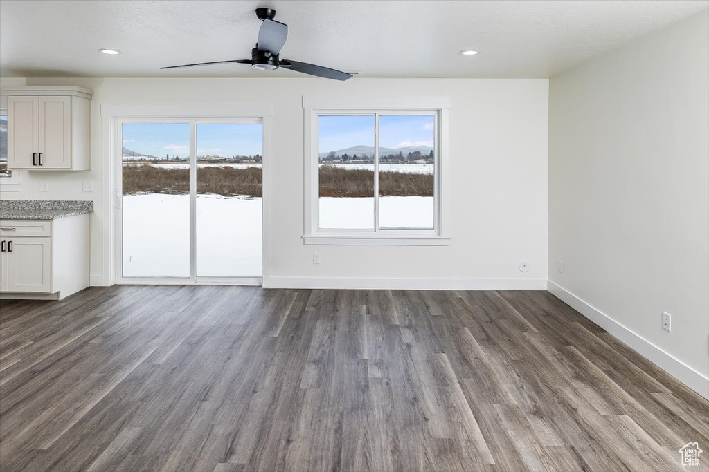 Interior space featuring dark wood-type flooring, plenty of natural light, and ceiling fan