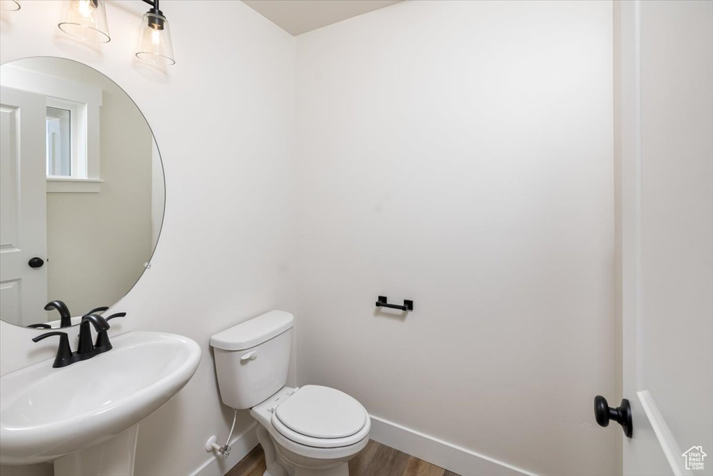 Bathroom featuring sink, toilet, and hardwood / wood-style flooring