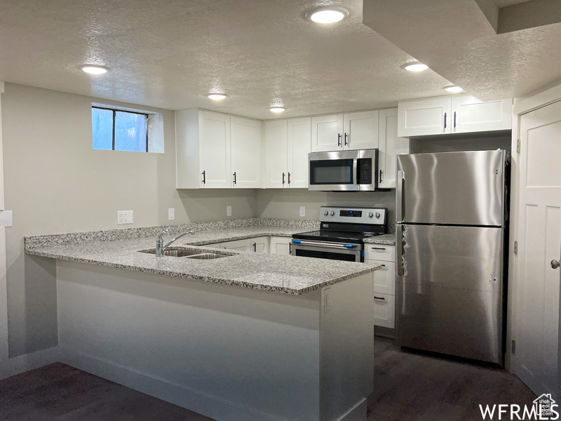 Kitchen with dark hardwood / wood-style floors, light stone countertops, stainless steel appliances, and kitchen peninsula