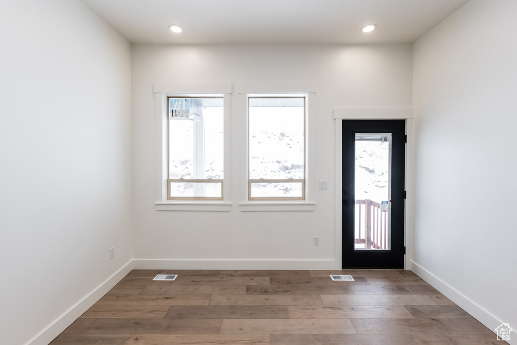 Entryway featuring plenty of natural light and dark hardwood / wood-style flooring