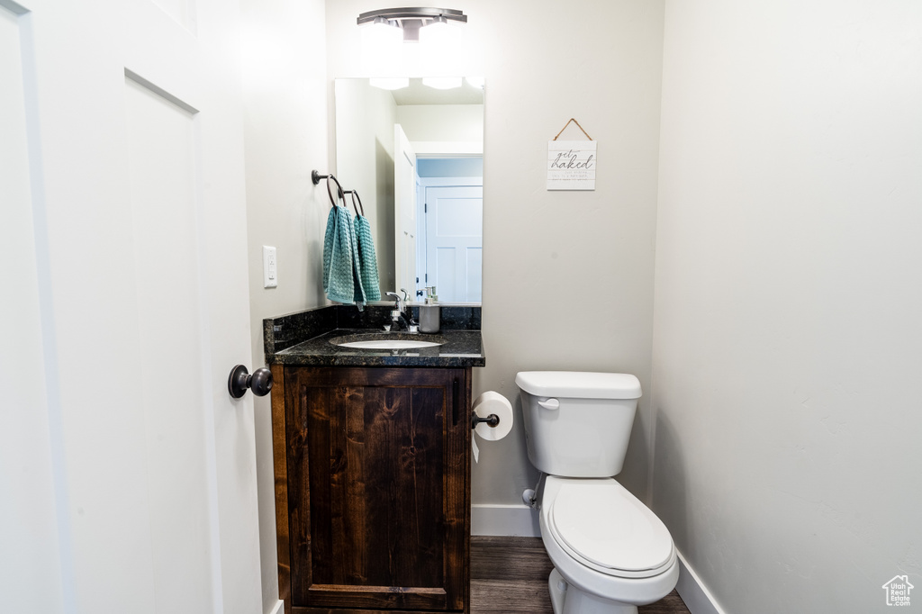 Bathroom with wood-type flooring, toilet, and large vanity