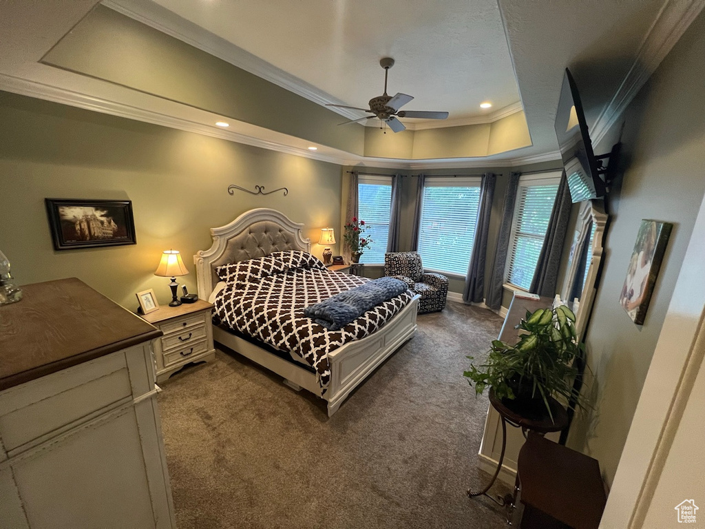 Bedroom with ornamental molding, a tray ceiling, dark carpet, and ceiling fan