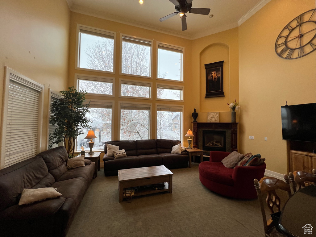 Carpeted living room with crown molding, a high ceiling, a healthy amount of sunlight, and ceiling fan
