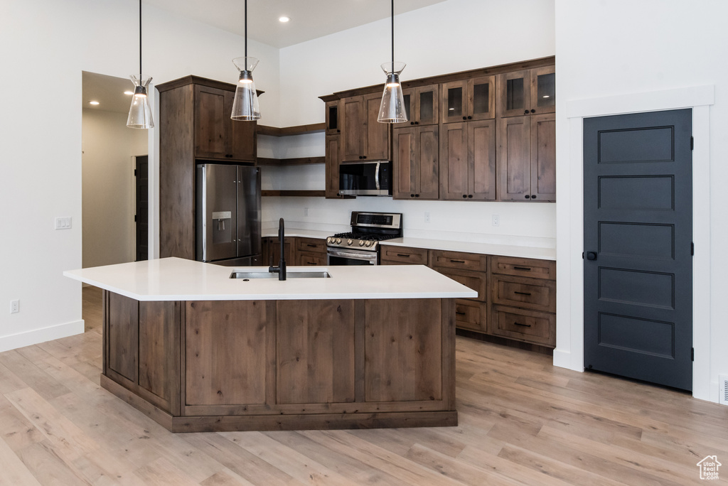 Kitchen with hanging light fixtures, light hardwood / wood-style floors, dark brown cabinetry, stainless steel appliances, and sink