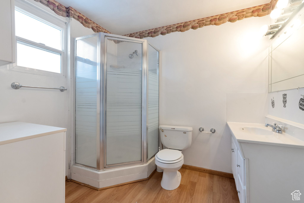 Bathroom with hardwood / wood-style flooring, toilet, large vanity, and a shower with door