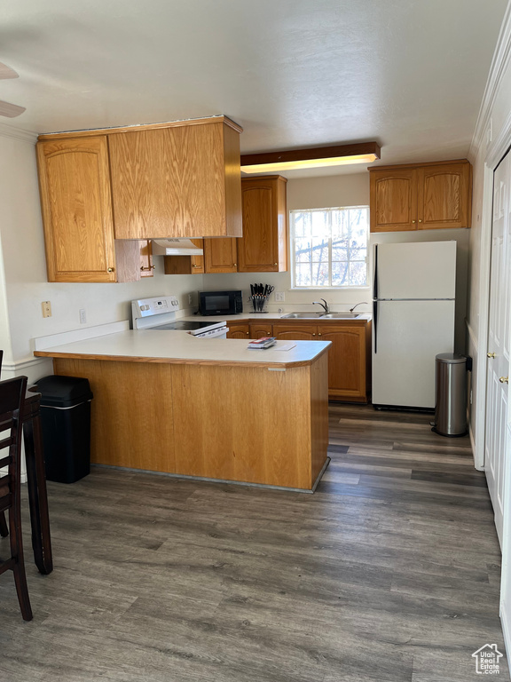 Kitchen featuring kitchen peninsula, white appliances, ornamental molding, sink, and dark hardwood / wood-style floors