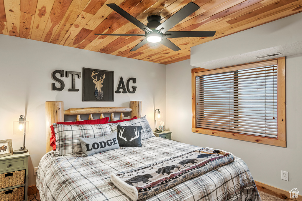 Bedroom featuring wooden ceiling and ceiling fan