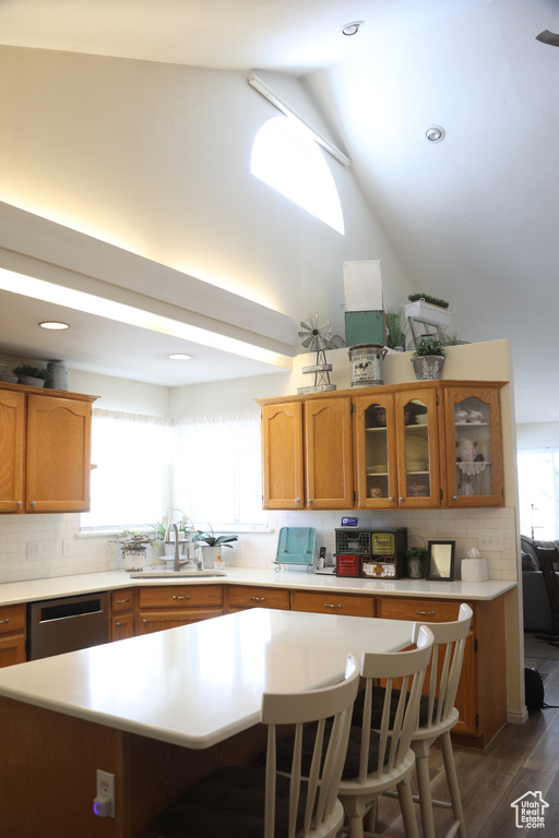 Kitchen with dishwasher, dark hardwood / wood-style flooring, backsplash, and lofted ceiling