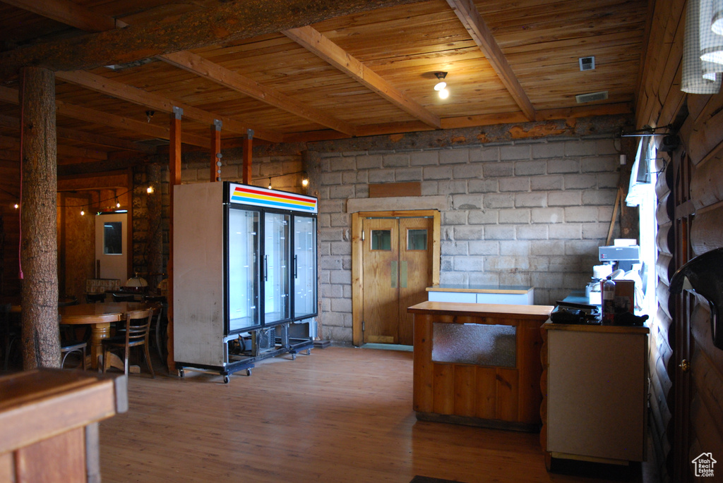 Kitchen with beam ceiling, dark hardwood / wood-style floors, and wooden ceiling