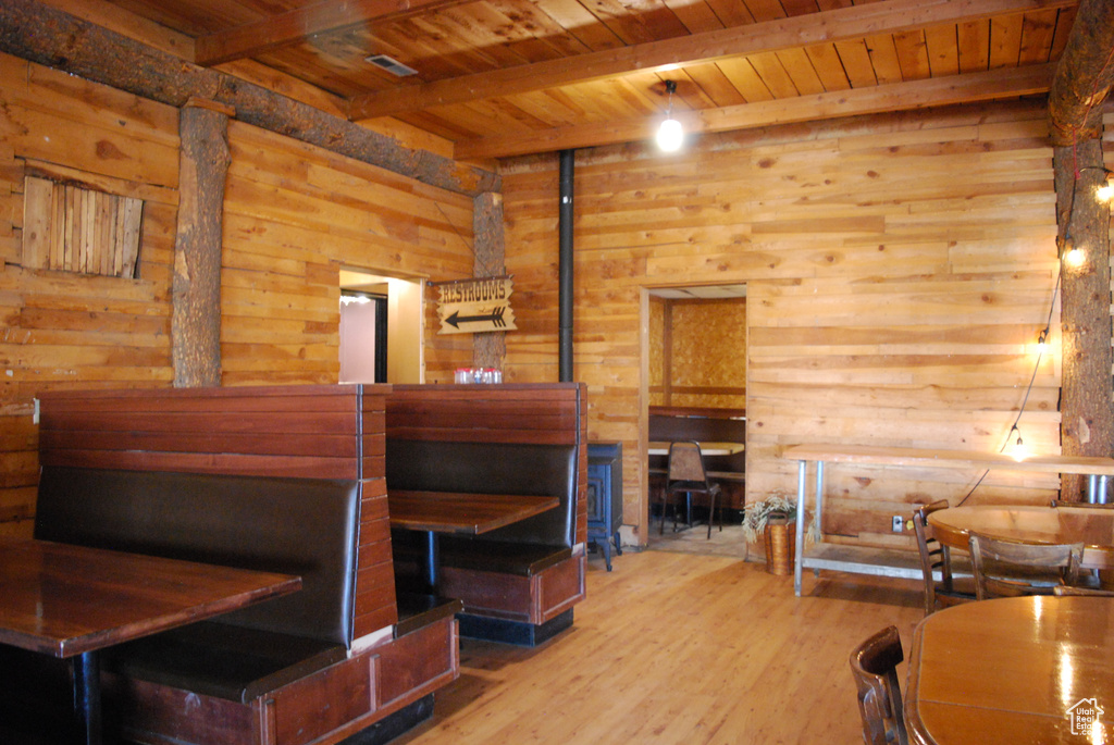 Interior space featuring wood-type flooring, wood walls, and wood ceiling