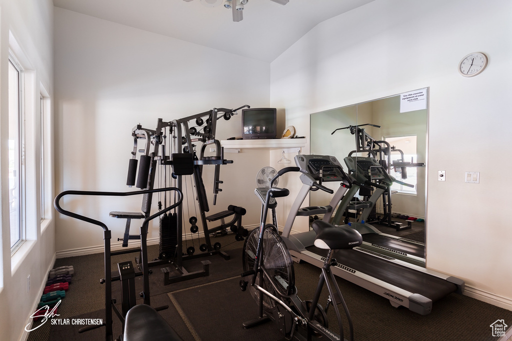 Workout room with carpet flooring, lofted ceiling, and ceiling fan
