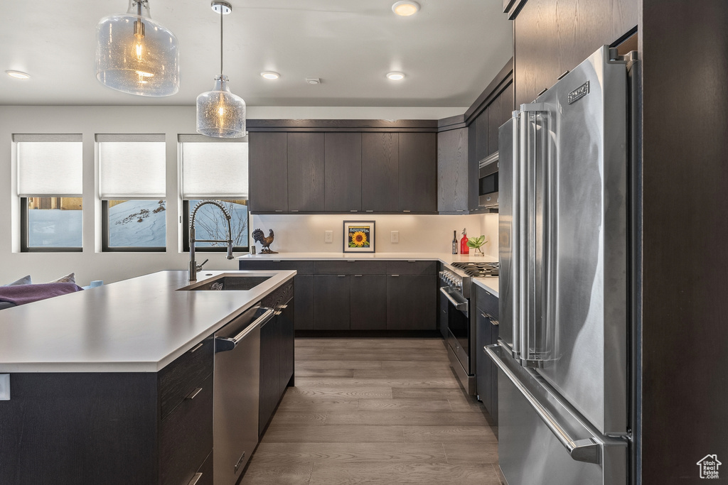 Kitchen featuring dark brown cabinetry, pendant lighting, premium appliances, wood-type flooring, and sink