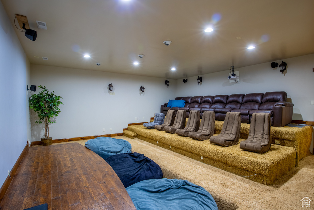 Home theater with wood-type flooring