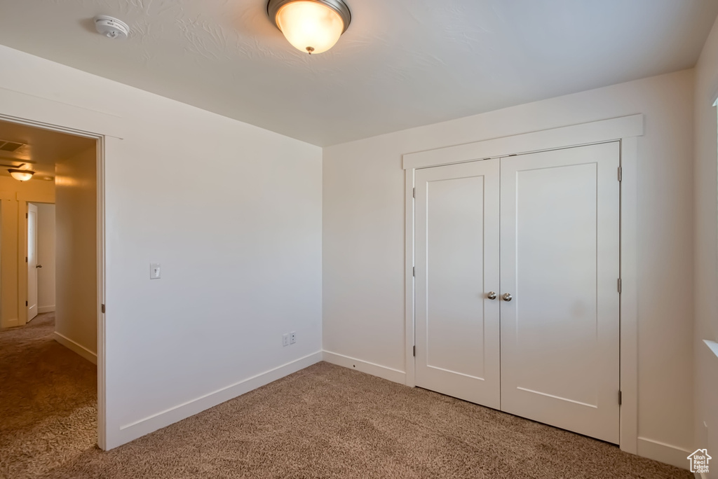 Interior space featuring a closet and light colored carpet
