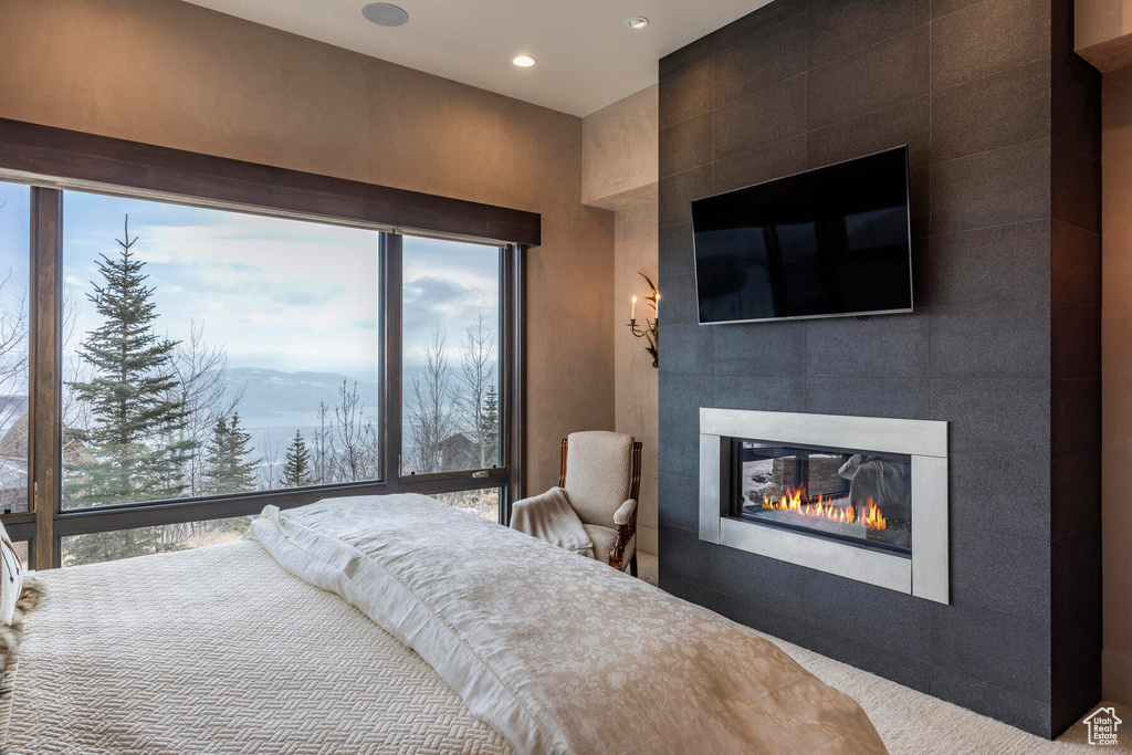 Bedroom featuring multiple windows, carpet floors, and a fireplace