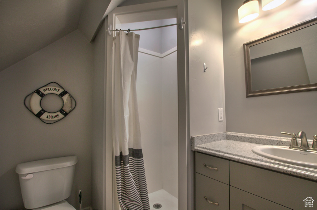 Bathroom with vaulted ceiling, walk in shower, toilet, and oversized vanity