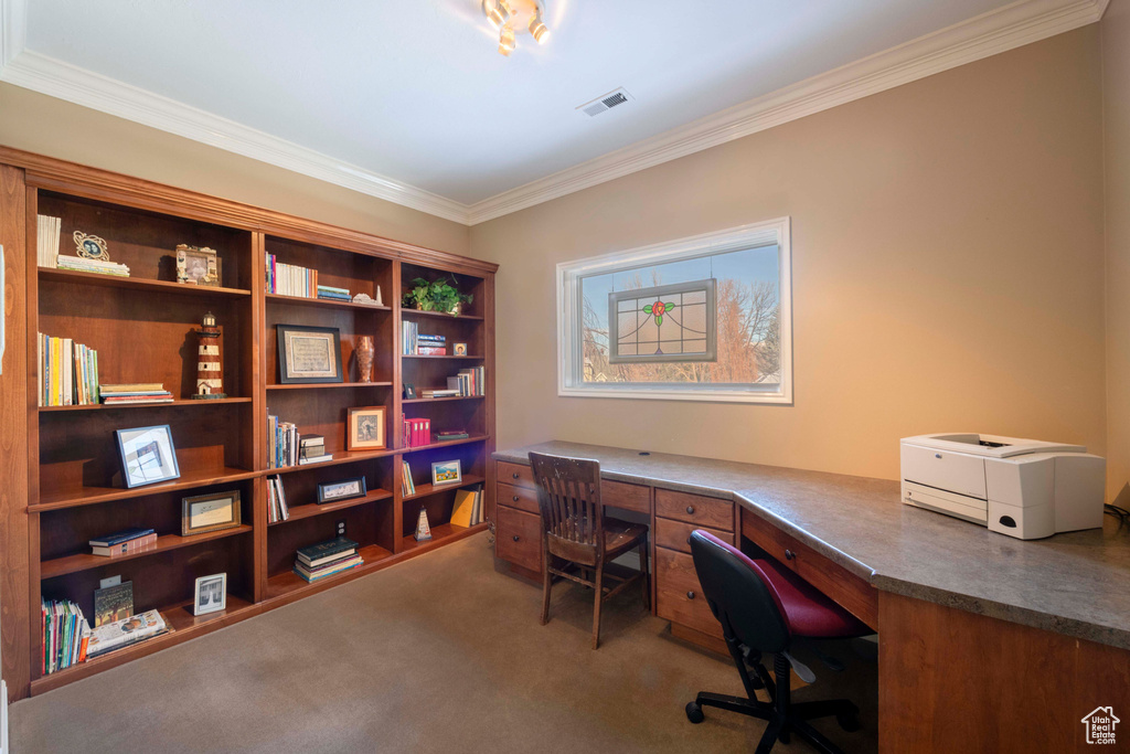 Carpeted home office featuring ornamental molding