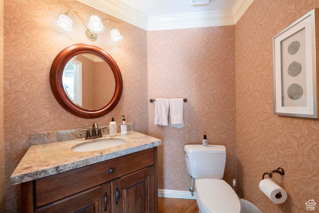 Bathroom with ornamental molding, wood-type flooring, toilet, and large vanity