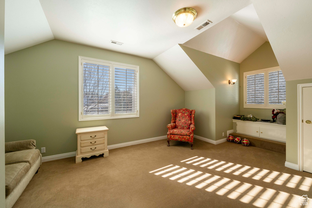 Unfurnished room with vaulted ceiling and light colored carpet