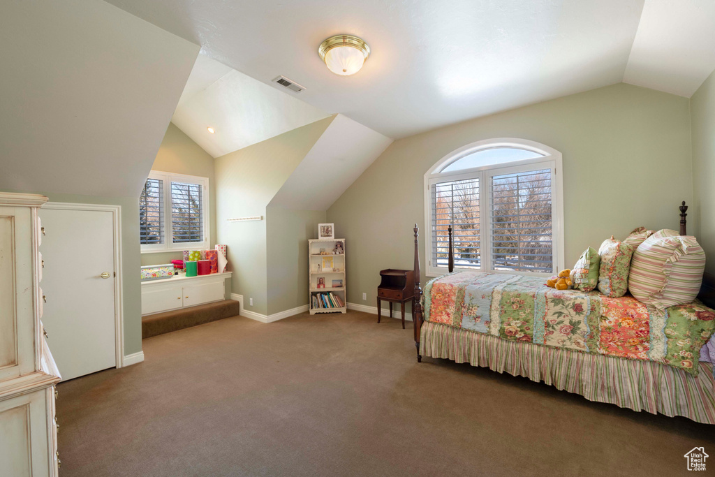 Carpeted bedroom with vaulted ceiling and multiple windows