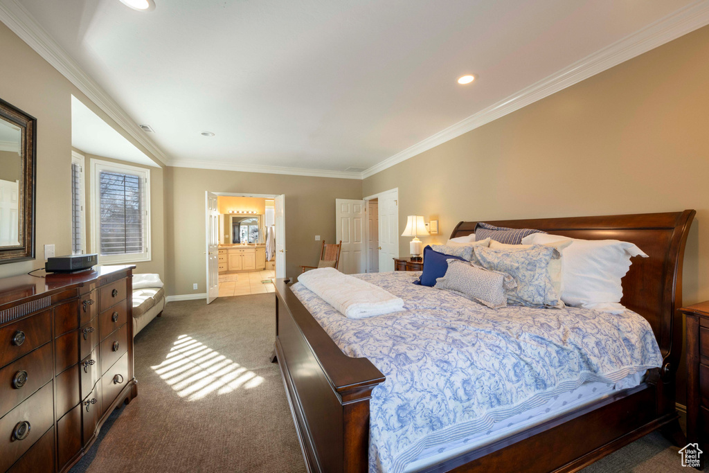 Bedroom featuring ensuite bath, ornamental molding, and dark carpet