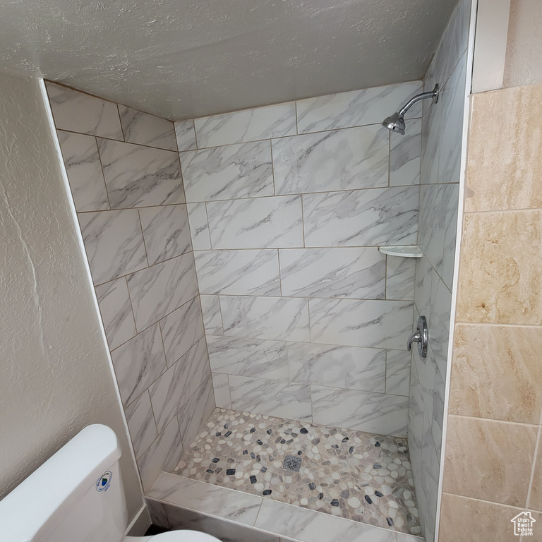 Bathroom with tiled shower and toilet