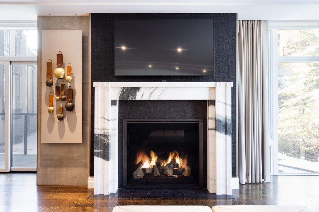 Room details featuring a high end fireplace and dark hardwood / wood-style floors