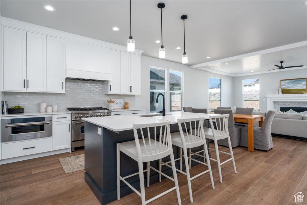 Kitchen with premium range hood, appliances with stainless steel finishes, ceiling fan, sink, and light hardwood / wood-style flooring