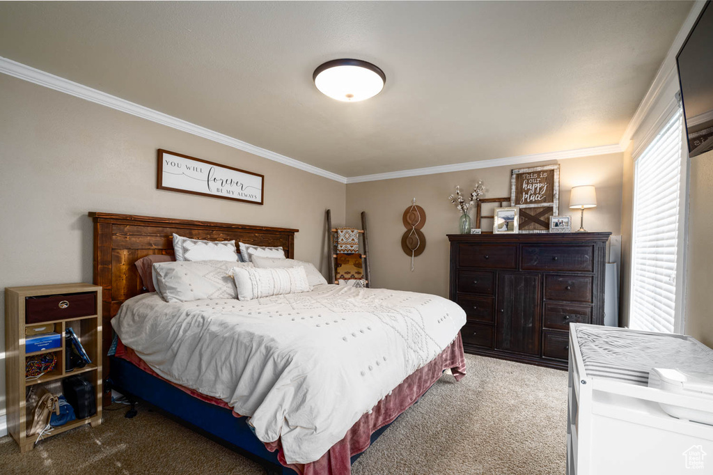 Carpeted bedroom featuring ornamental molding