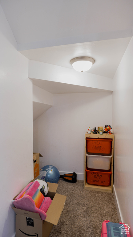 Playroom with carpet floors and lofted ceiling