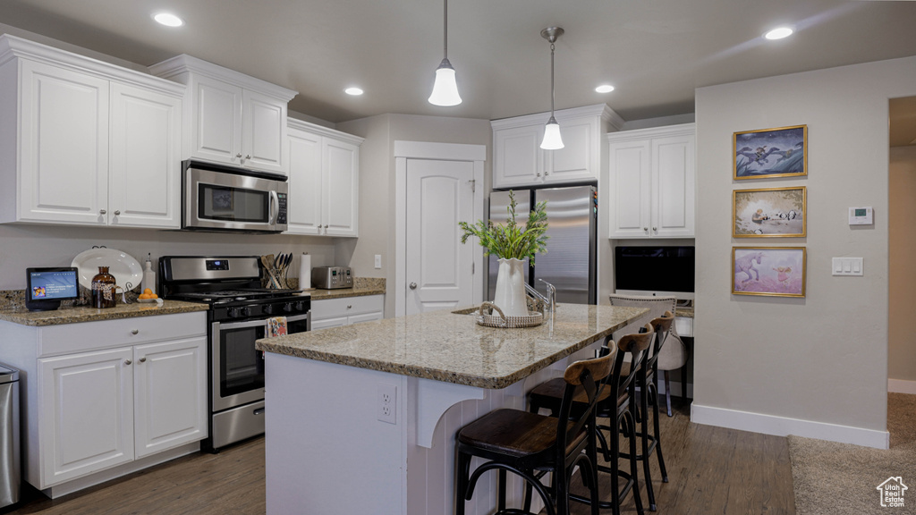Kitchen featuring dark wood-type flooring, white cabinets, and stainless steel appliances