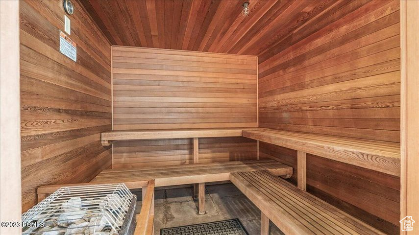 View of sauna featuring wood walls