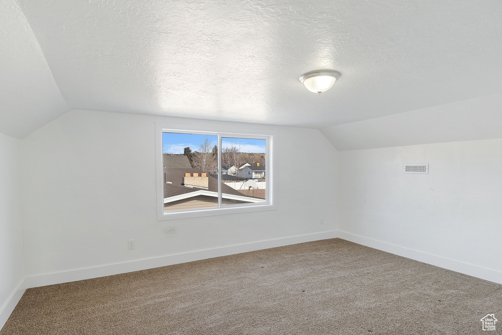 Additional living space featuring vaulted ceiling, carpet flooring, and a textured ceiling