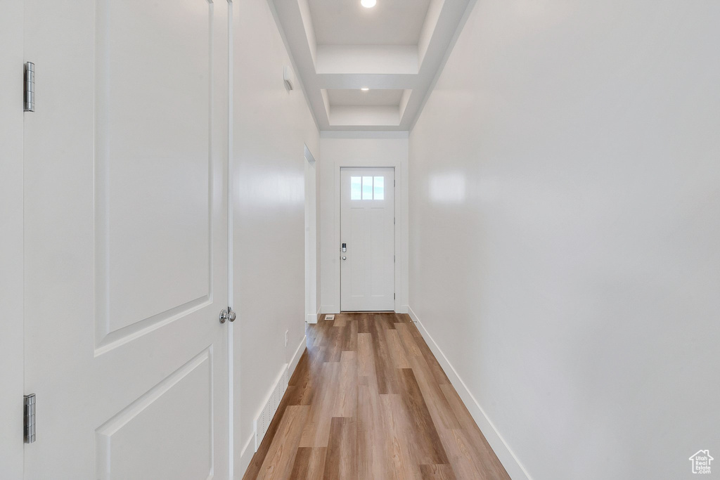 Hallway featuring a tray ceiling and light hardwood / wood-style flooring