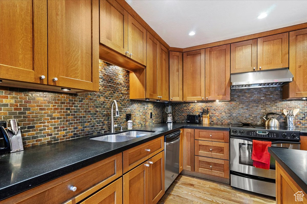 Kitchen featuring sink, stainless steel appliances, light wood-type flooring, and backsplash