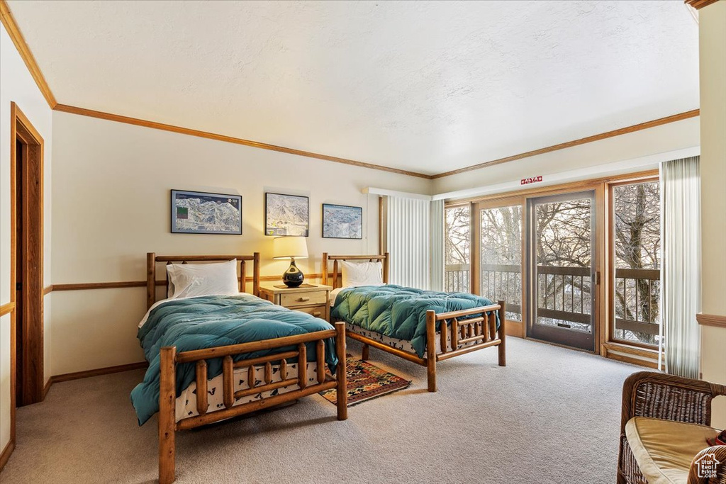 Bedroom with crown molding, light colored carpet, and access to outside
