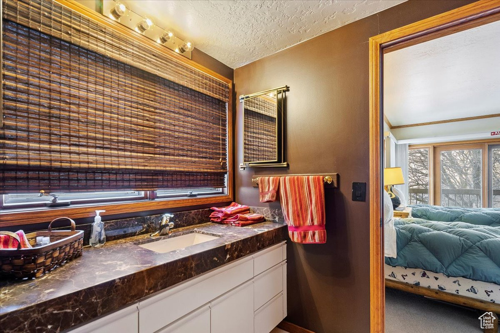 Bathroom with vanity with extensive cabinet space and a textured ceiling