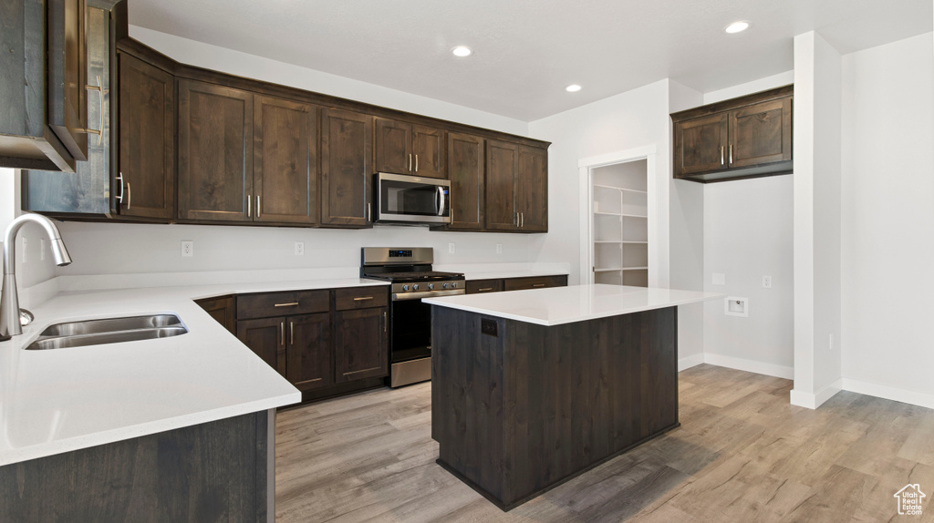 Kitchen featuring dark brown cabinetry, appliances with stainless steel finishes, light hardwood / wood-style flooring, sink, and a kitchen island