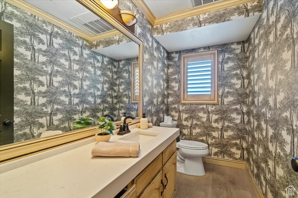 Bathroom featuring hardwood / wood-style flooring, toilet, ornamental molding, and oversized vanity