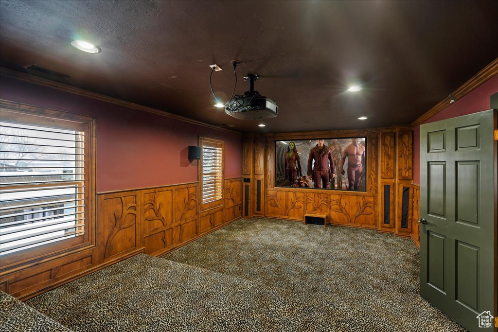 Carpeted cinema room featuring ornamental molding and wooden walls