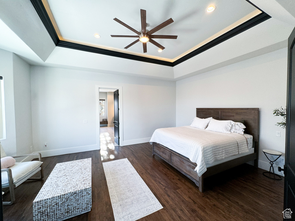 Bedroom with dark hardwood / wood-style floors, ornamental molding, a tray ceiling, and ceiling fan