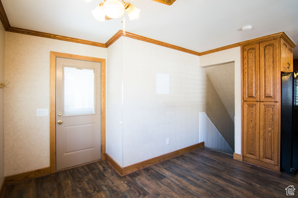 Entryway featuring ceiling fan, dark wood-type flooring, and ornamental molding