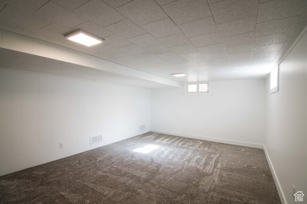 Basement with carpet floors and a healthy amount of sunlight