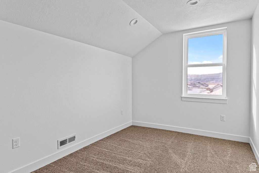 Bonus room featuring dark colored carpet, vaulted ceiling, a textured ceiling, and plenty of natural light