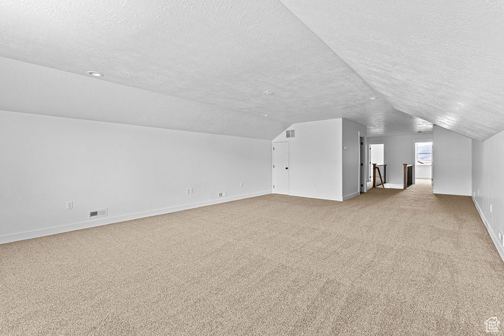 Bonus room featuring light carpet, vaulted ceiling, and a textured ceiling