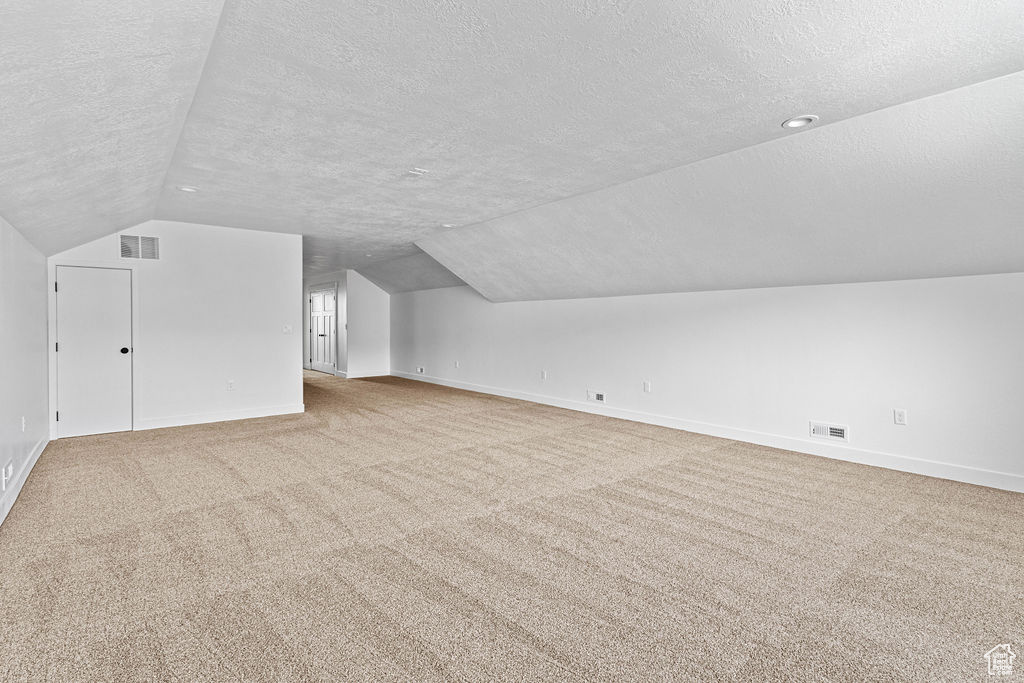 Additional living space featuring a textured ceiling, vaulted ceiling, and light carpet