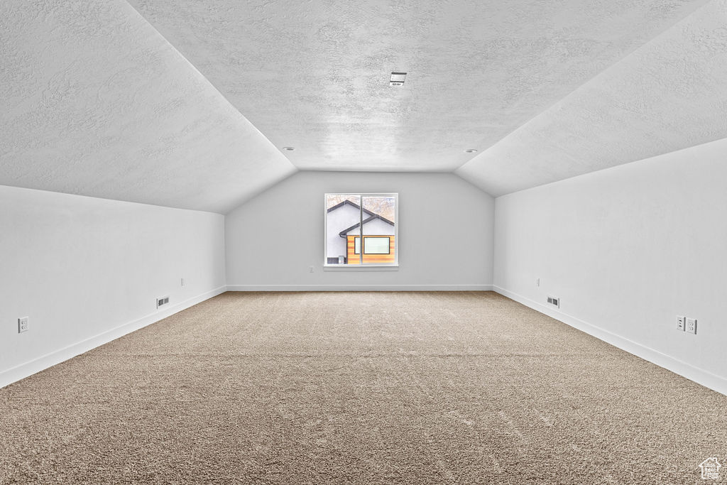 Bonus room with light carpet, a textured ceiling, and lofted ceiling