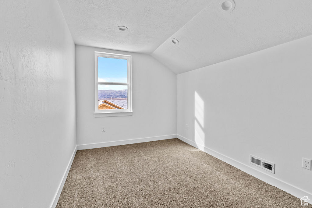 Carpeted spare room with vaulted ceiling and a textured ceiling