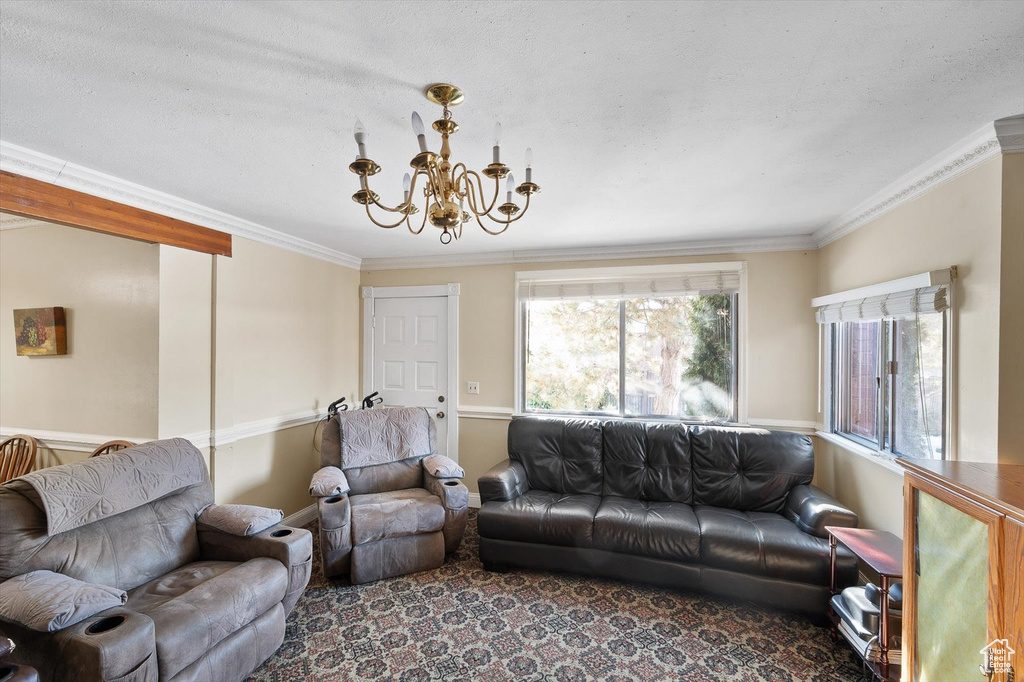 Carpeted living room with crown molding, a textured ceiling, and a notable chandelier